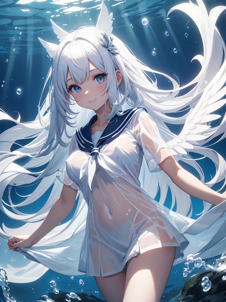 (See-through:1.3),White Seraphim,Sailor suit, White Theme,, Sailor suit, View your viewers,  Insanity, Disheveled long hair, Beautiful attention to detail,Hair shines,Elevation,Blue sailor collar, Firm breasts,A light smile,Partially underwater...