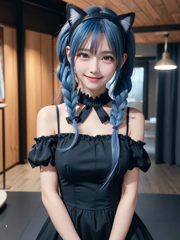 Masterpiece, best quality, cat ear, 1girl,light Blue hair,cowboy shot,black headband,black dress, curly low twin tail hair,light smile, clothing heart shaped cutout,