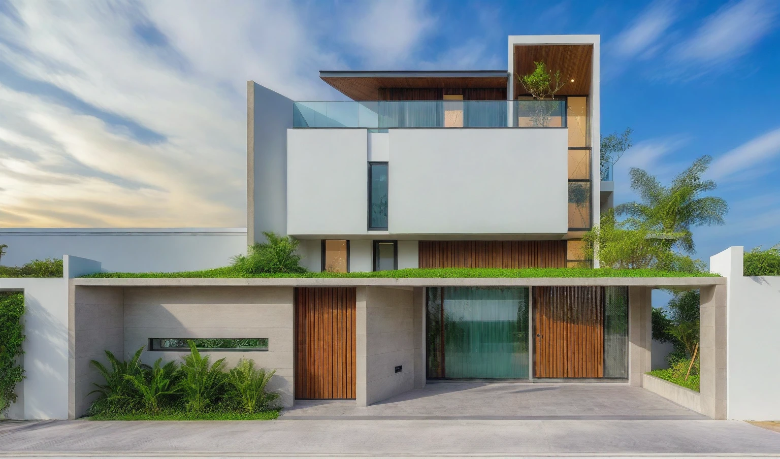 exterior house, contemporary style, white wall, wood wall, steel door, glass window, (realistic:1.2), Masterpiece, high quality, best quality, authentic, super detail, outdoors,road, trees, sky, cloud, (daylight:1.1), modern luxury villa, coconut trees, landscape, along the white beach, clear sky, day time, warm lighting RAW Photo, RAW texture, Super Realistic, 32K UHD, DSLR, soft lighting, high quality, film rating, Fujifilm XT3,Modern, Residential Architecture,  car in front of house