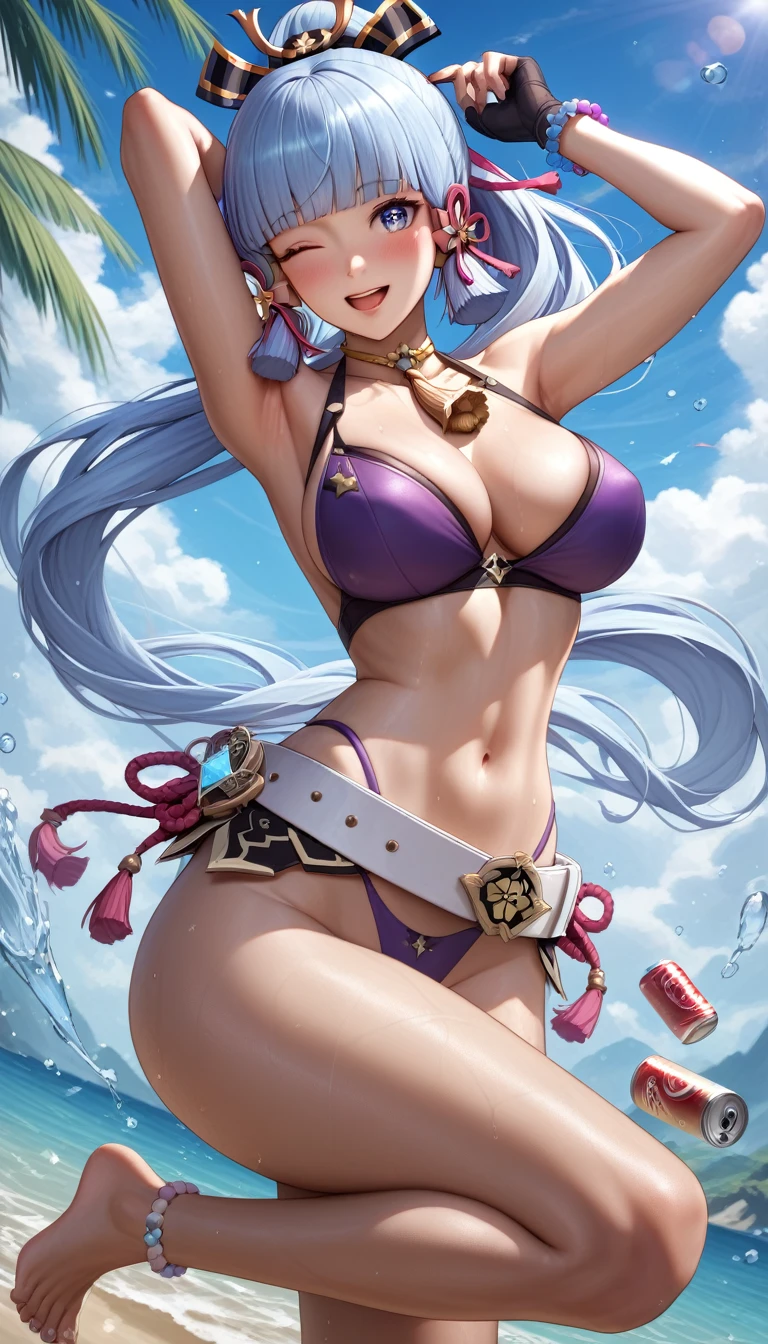 (asura art style:0.7), score_9, score_8_up, score_7_up, score_6_up, uncensored, ayaka from genshin impact, blue hair, blunt_bangs, pony_tail, blue eyes, BREAK (masterpiece:1.2), best quality, high resolution,(detailed eyes:1.3), perfect lighting, (perfect hands, perfect anatomy), large breasts, 1girl, breasts, swimsuit, bikini, purple bikini, navel, arms up, solo, dark-skinned female, dark skin, gloves, fingerless gloves, huge breasts, one eye closed, ribbon, armpits, smile, cleavage, open mouth, thighs, blush, belt, looking at viewer, hair ribbon, star \(symbol\), black gloves, can, tan, star hair ornament, hair ornament, jewelry, standing on one leg, beads, purple ribbon, hairband, bead bracelet, bare shoulders, white belt, neck ribbon, standing, loose belt, barefoot, bracelet, highleg, highleg bikini, earrings, beer can, drink can