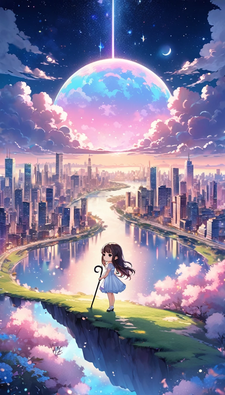 dream fantasy story, best quality, super fine, 16k, 2.5D, delicate and dynamic depiction, (chibi, cute in dress holding cane standing on high ground), city in the sky above the clouds, clouds in vivid and pastel colors, city of modern buildings, beautiful blend with nature, river, bright starry sky, pink moon, sparkly and fluffy image effect, artwork with vibrant colorful colors, detailed decorated backgrounds