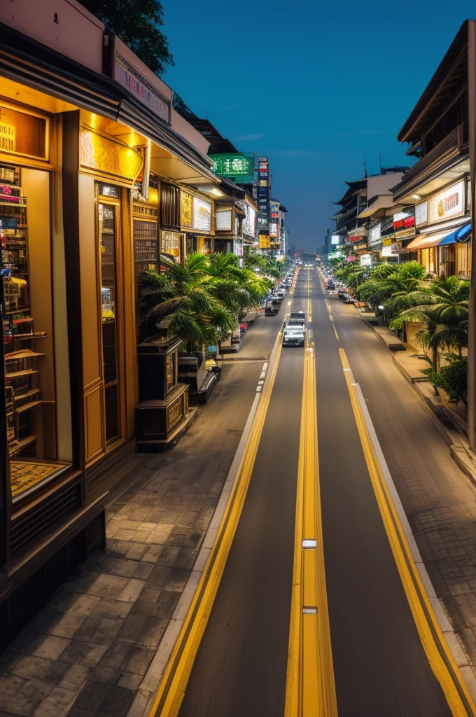 ((best quality)), ((Masterpiece)), (details),(detailsสูง:1.1), photorealistic,Sharp picture,Yaowarat Road in Thailand,Bangkok,street shop,Gold shop sign in Yaowarat,shop sign,There is a night light.,Night atmosphere,open road,Road in Yaowarat,Tuk tuk parked on the side of the road