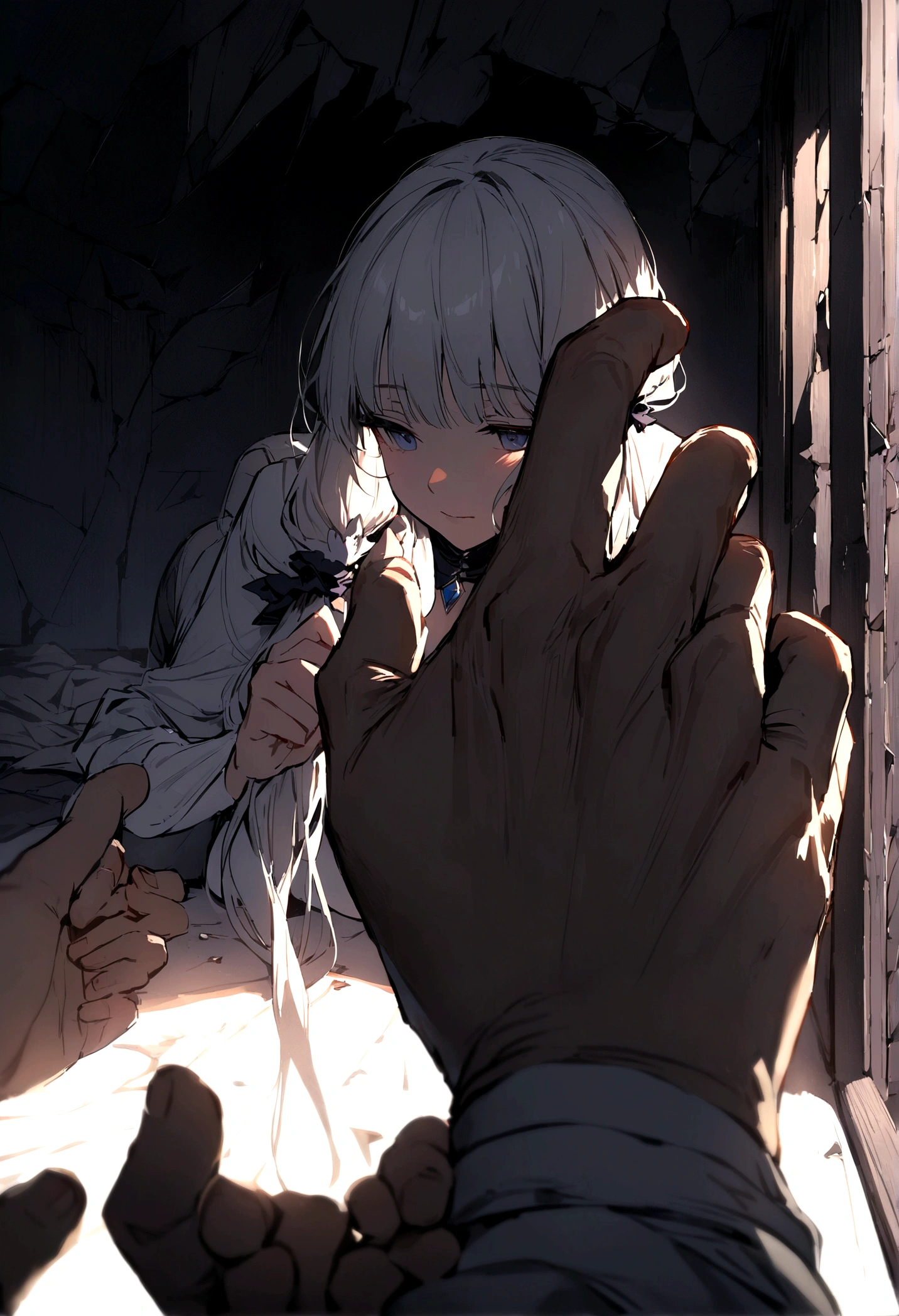 (((Best quality))), high detail, depth of field, Focus: 1.2, Dark room with broken windows, a man takes a splinter out of a boy's hand
