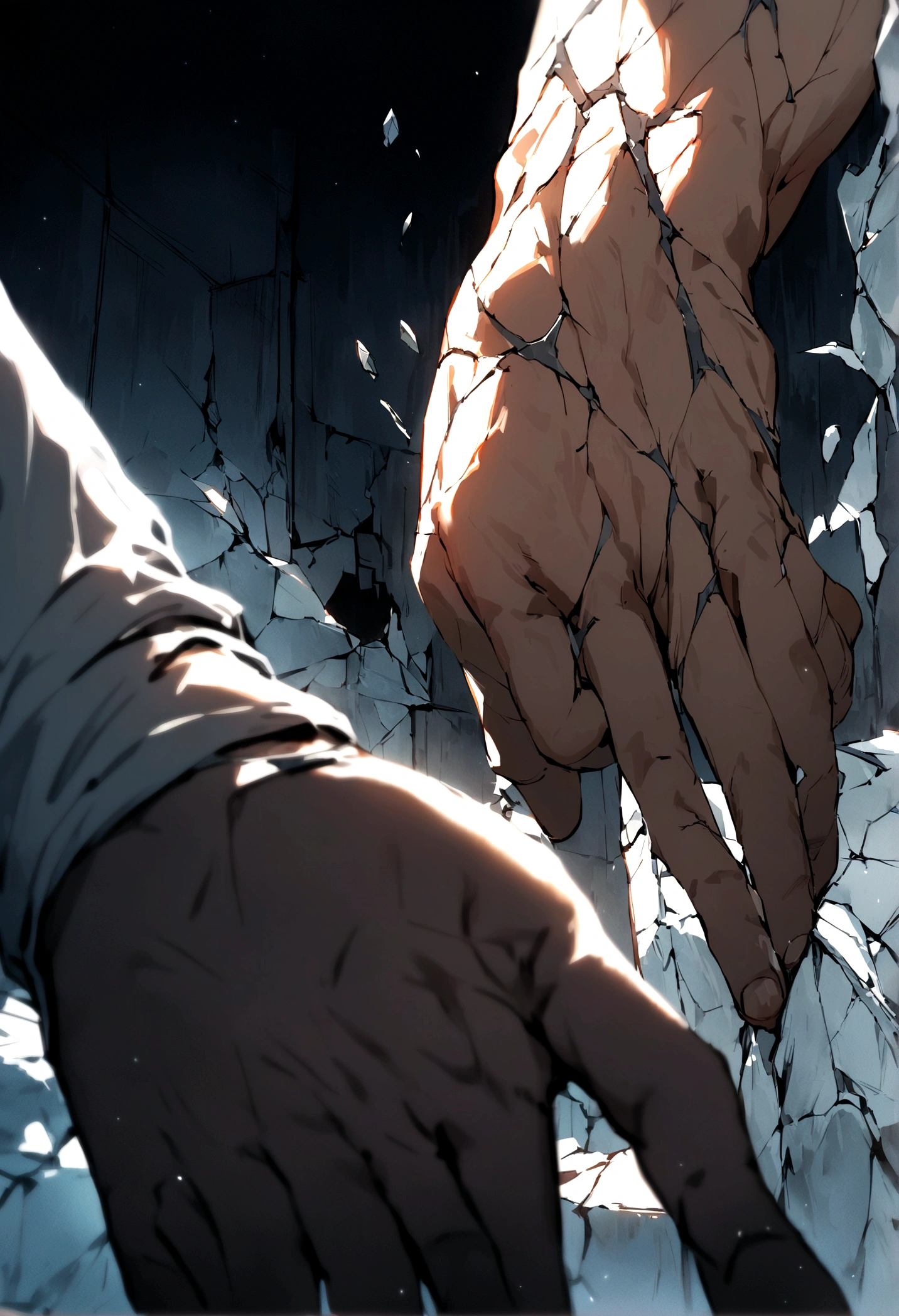 (((Best quality))), high detail, depth of field, Focus: 1.2,  Dark room with broken windows, a man takes a splinter out of a boy's hand
