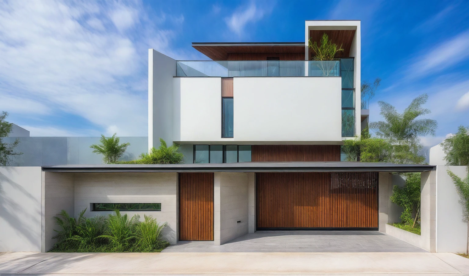 exterior house, contemporary style, white wall, wood wall, steel door, glass window, (realistic:1.2), Masterpiece, high quality, best quality, authentic, super detail, outdoors,road, trees, sky, cloud, (daylight:1.1), modern luxury villa, coconut trees, landscape, along the white beach, clear sky, day time, warm lighting RAW Photo, RAW texture, Super Realistic, 32K UHD, DSLR, soft lighting, high quality, film rating, Fujifilm XT3,Modern, Residential Architecture, car in front of house