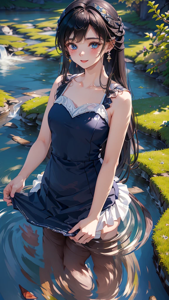 ((masterpiece)), ((highest quality、Ultra high definition)), (Very detailed),8K、Photo quality、((Amazingly cute girl)),(((14-year-old girl))), Two people, , (Beautiful emerald blue eyes), ((smile)),In the open-air bath overlooking the sea, Beautifully arranged black hair in twin tails、whole body、Cute lolita maid style swimsuit))、Professional Lighting、(White lace knee-highore detailed and beautiful)、(More details and cutenesore realistic)、(((Just wear light clothing)))、プールではしゃぐ、