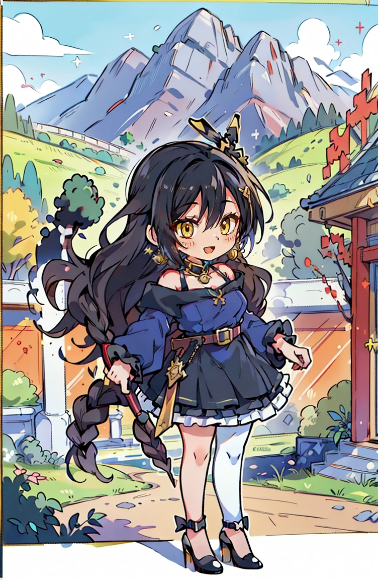 (masterpiece:1.2), (high quality:1.2), (hui xiyi:0.75), rekkyo sensen, rekkyou sensen, (full body, chibi girls:1.45), solo focus, girls with((black hair, tits cleavage, exposed breasts, breasts close up, dress, (blue clothes:1.3), ribbon belt, off-shoulder sleeves, long sleeves, furry jacket, frills shirt, frills camisole, straps, (rosary choker, golden rosary, cross:1.05), (high heels, black shoes, exposed legs, left legwear, white legwear:1.67), (long wavy hair, one side up:1.4))), background with ((architecture, blue sky, building, bush, castle, village, no humans, cloud, cloudy sky, day, fence, field, garden, grass, hill, house, lamppost, landscape, mountain, mountainous horizon, nature, no humans, outdoors, scenery, shrine, sky, tower)), cowboy shot, anime, anime style