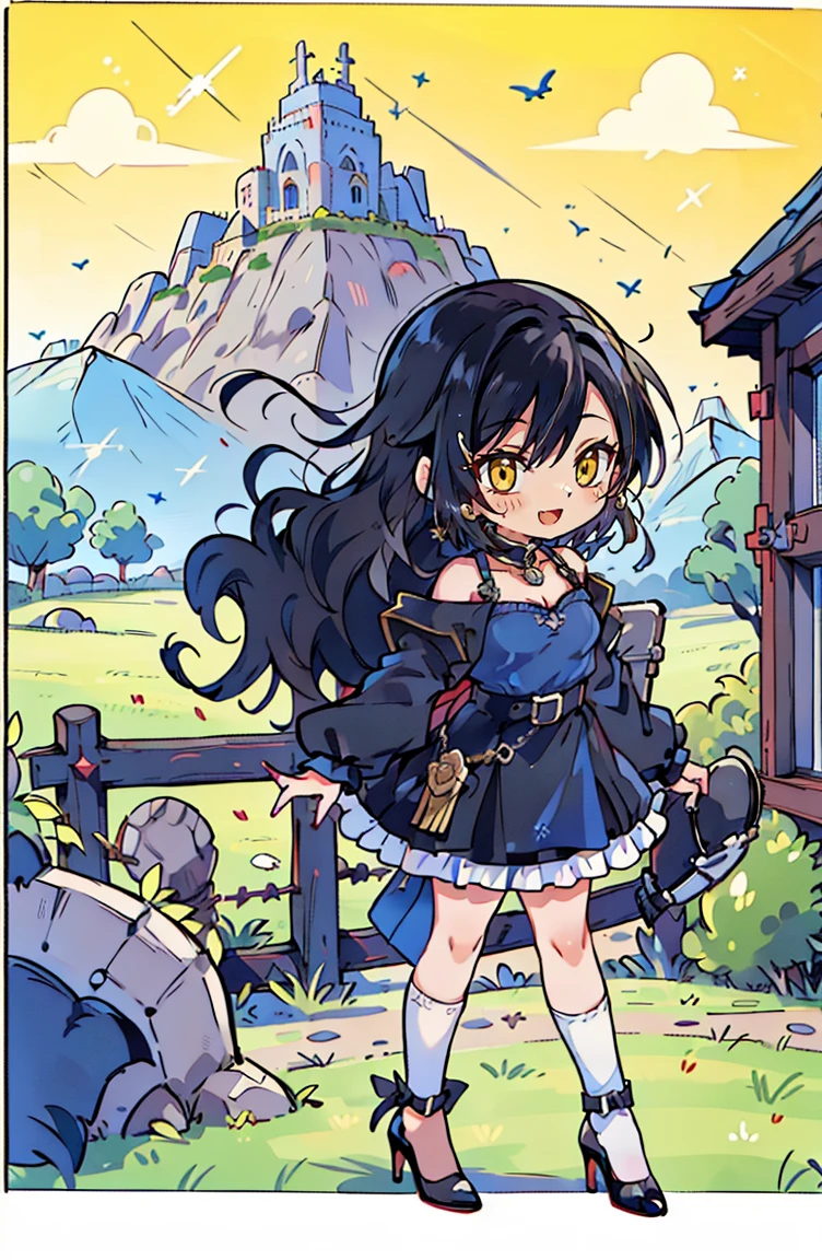 (masterpiece:1.2), (high quality:1.2), (hui xiyi:0.75), rekkyo sensen, rekkyou sensen, (full body, chibi girls:1.45), solo focus, girls with((black hair, tits cleavage, exposed breasts, breasts close up, dress, (blue clothes:1.3), ribbon belt, off-shoulder sleeves, long sleeves, furry jacket, frills shirt, frills camisole, straps, (rosary choker, golden rosary, cross:1.05), (high heels, black shoes, exposed legs, left legwear, white legwear:1.67), (long wavy hair, one side up:1.4))), background with ((architecture, blue sky, building, bush, castle, village, no humans, cloud, cloudy sky, day, fence, field, garden, grass, hill, house, lamppost, landscape, mountain, mountainous horizon, nature, no humans, outdoors, scenery, shrine, sky, tower)), cowboy shot, anime, anime style