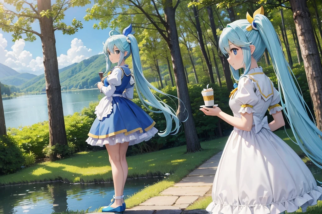 masterpiece, Highest quality, Princess_Aqua_KonoSuba, Yellow and white dress, iris, Light blue long hair、Twin tails、 Are standing, (pay: 1.1), cloud, In the woods、White castle by the lake、Near and far、blue sky