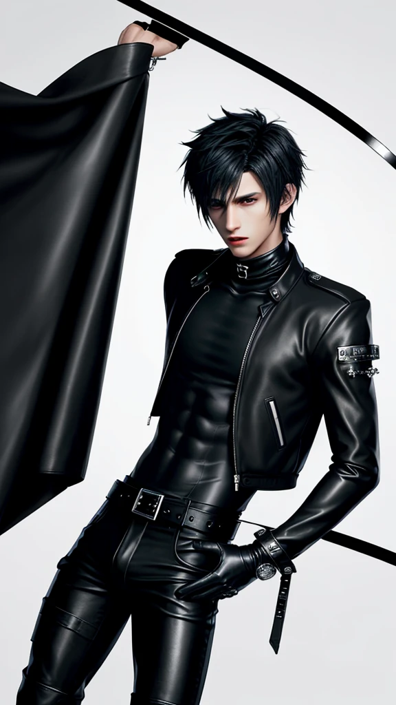 Final fantasy taste and reality graphics, Japanese young cute and cool ikemen  boy, his age is early 20s, thin eyebrows and beady eyes,  he wearing black color leather thick singlebrest biker jacket, with epaulet,  must close the front of the leather jacket, jacket is biker style, jacket is voluminous, , jacket collar is high length stand-up collar with belts, jacket is a little black line pattern,close the front of the jacket, also wearing black thick turtleneck lackluster shirts,  tight black leather pants, shiny black leather tight and thin glove, black leather knee-high raceup boots,must views  head-to-toe,must views whole body, boy looks like fashion model,Do not show skin from the neck down,leather jacket leather glove and leather pants have few wrinkles,boy in the room,