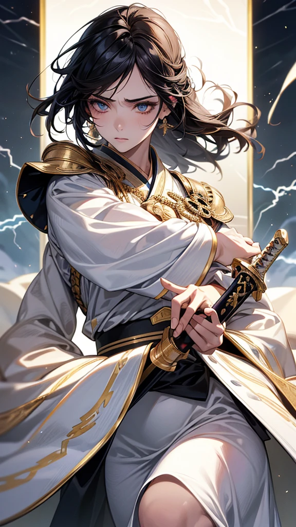 Highest quality, Ultra-high resolution, (Realistic: 1.4), Beautiful eyes, Super beautiful, Beautiful beauty, One person、Sword wielder, Japanese style white and gold tones、Controlling Lightning、whole body、(Black Hair、Medium Hair、Updo Hair),Beautiful soldier, Eyes that beckon, Droopy eyeistress&#39;s point of view, Attractive look, Fearless smile,  (Perfect Anatomy, Anatomically correct, Highly detailed skin), Dancing, snow