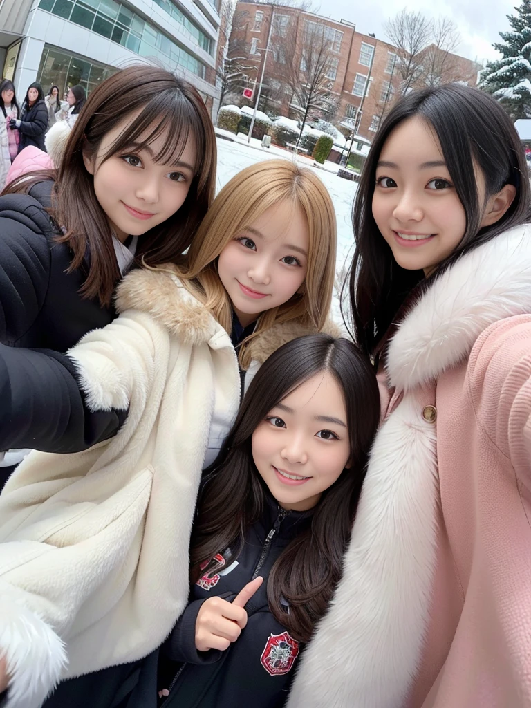Group photo of female college students、Low - Angle、fluffyの毛皮。fluffy。Three beautiful Japanese girls 、Outside in the middle of winter、Winter coat、Heavy coat、Fur Cape、Fur Cuffs、Selfie pose、Smiling and looking at the audience((Fisheye Lens))