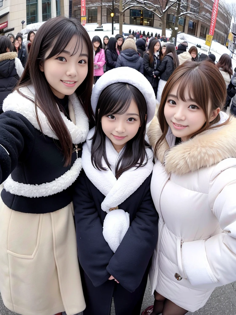Group photo of female college students、Low - Angle、fluffyの毛皮。fluffy。Three beautiful Japanese girls 、Outside in the middle of winter、Winter coat、Heavy coat、Fur Cape、Fur Cuffs、Selfie pose、Smiling and looking at the audience((Fisheye Lens))