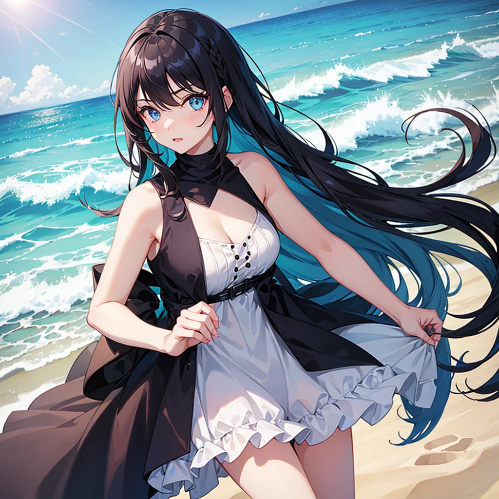 Girl, oreo hair, blue eyes, in the beach, in dress 
