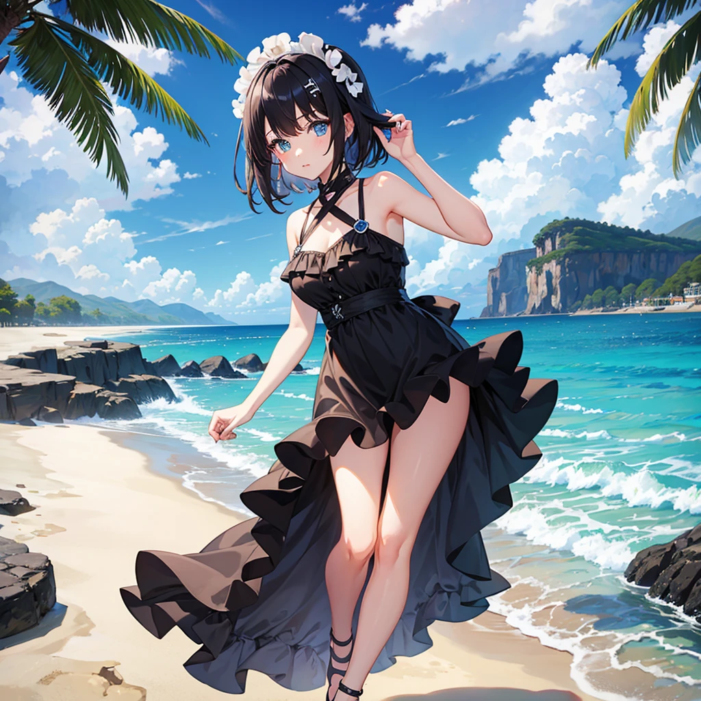 Girl, oreo hair, blue eyes, in the beach, in dress 
