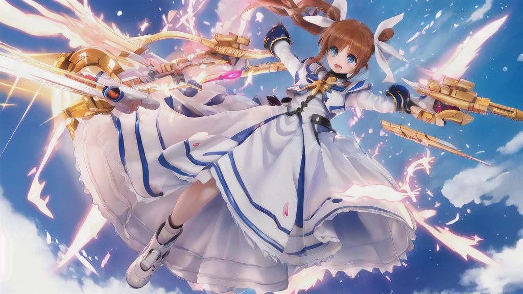 SFW,  One Girl, (8K, Highest quality, masterpiece:1.2), (Professional Lighting:1.2), (whole body, dynamic Angle,  From below:1.1),
A photo of a cute magical girl in white clothes,  takamachi nanoha, Cute Justice,  fly in the sky, Bright blue sky,  Light of the sun, Floating Clouds,  White magic beam, (dynamic pose:1.5), relax, Joyful, [:d],
(Satin Clothing:1.2), Luxury clothing with attention to detail, Short pigtails,   short hair, Hair Ribbon, blue eyes, armor, Long skirt, Fluffy long sleeves,  Gauntlet, Fingerless gloves,  shoes下, shoes,
Urzan-6500-v1.1