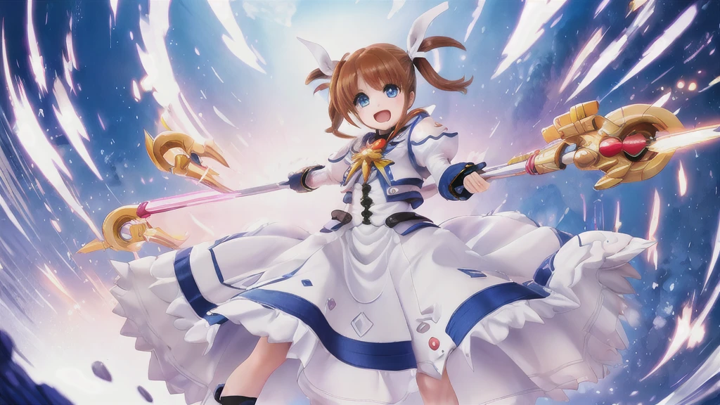 SFW,  One Girl, (8K, Highest quality, masterpiece:1.2), (Professional Lighting:1.2), (whole body, dynamic Angle,  From below:1.1),
A photo of a cute magical girl in white clothes,  takamachi nanoha, Cute Justice,  fly in the sky, Bright blue sky,  Light of the sun, Floating Clouds,  White magic beam, (dynamic pose:1.5), relax, Joyful, [:d],
(Satin Clothing:1.2), Luxury clothing with attention to detail, Short pigtails,   short hair, Hair Ribbon, blue eyes, armor, Long skirt, Fluffy long sleeves,  Gauntlet, Fingerless gloves,  shoes下, shoes,
Urzan-6500-v1.1