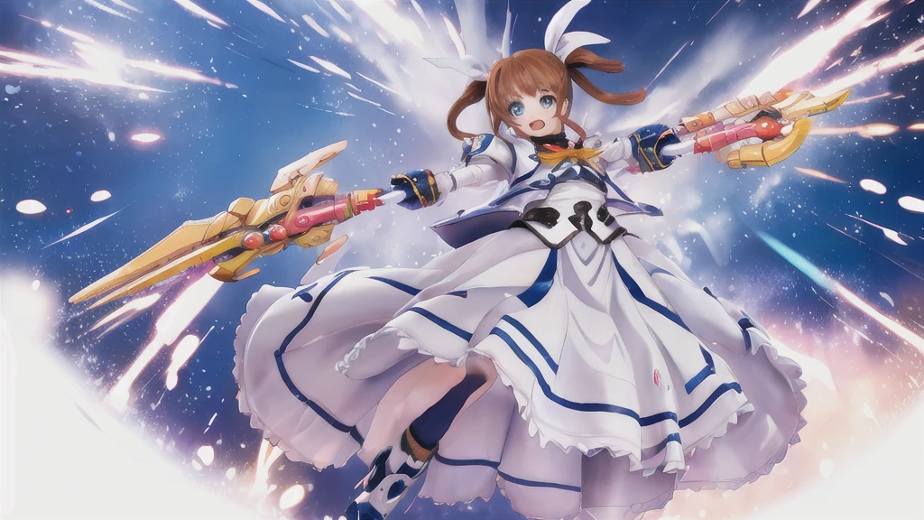 SFW,  One Girl, (8K, Highest quality, masterpiece:1.2), (Professional Lighting:1.2), (whole body, dynamic Angle,  From below:1.1),
A photo of a cute magical girl in white clothes,  takamachi nanoha, Cute Justice,  fly in the sky, Bright blue sky,  Light of the sun, Floating Clouds,  White magic beam, (dynamic pose:1.5), relax, Joyful, [:d],
(Satin Clothing:1.2), Luxury clothing with attention to detail, Short pigtails,   short hair, Hair Ribbon, blue eyes, armor, Long skirt, Fluffy long sleeves,  Gauntlet, Fingerless gloves,  shoes下, shoes,
Urzan-6500-v1.1