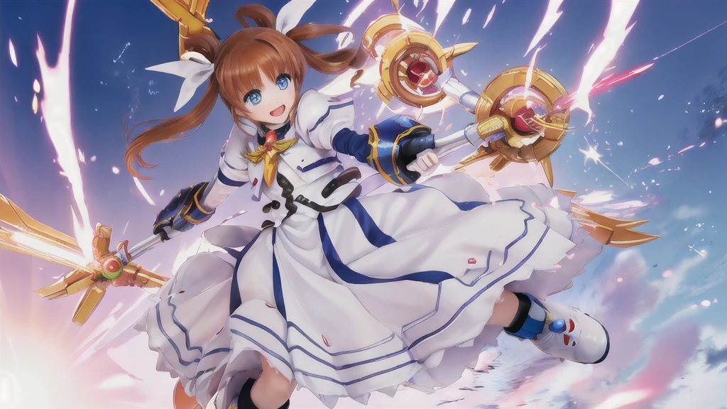 SFW,  One Girl, (8K, Highest quality, masterpiece:1.2), (Professional Lighting:1.2), (whole body, dynamic Angle,  From below:1.1),
A photo of a cute magical girl in white clothes,  takamachi nanoha, Cute Justice,  fly in the sky, Bright blue sky,  Light of the sun, Floating Clouds,  White magic beam, (dynamic pose:1.5), relax, Joyful, [:d],
(Satin Clothing:1.2), Luxury clothing with attention to detail, Short pigtails,   short hair, Hair Ribbon, blue eyes, armor, Long skirt, Fluffy long sleeves,  Gauntlet, Fingerless gloves,  shoes下, shoes,
Urzan-6500-v1.1