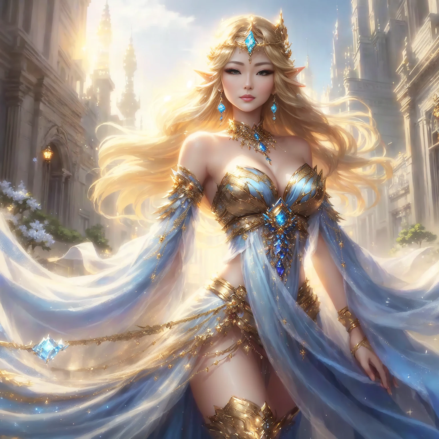 Japanese women celebrities In a blue dress and gold jewelry walking in the city, Carol is behind, uh.., The beautiful and elegant Elf Queen., beautiful fantasy art, beautiful fantasy girl, Beautiful Fantasy Empress, Fantasy Woman, artgerm from artstation pixiv, Detailed fantasy art, ((Beautiful Fantasy Empress)), blonde hair princess, very beautiful fantasy art
