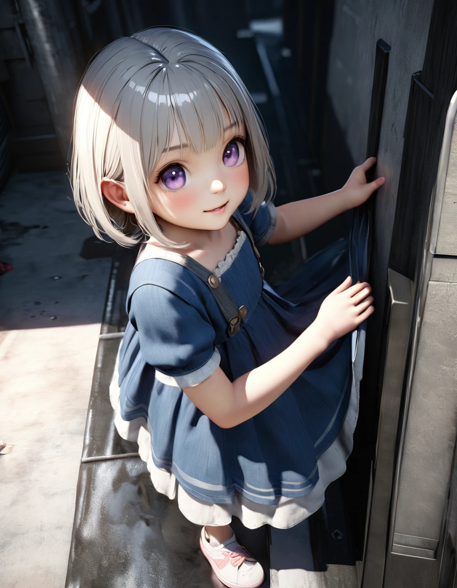 masterpiece, Highest quality, Very detailed, High resolution, An expensive solution, High resolution, 4K, 8K, ユニティ 8K 壁紙, Very detailed CG, masterpiece, Realistic, 2D, 3d, Beautiful details, depth, Fine texture, Highest quality: 1.3, Fully focused, Crispy.skin, .he, Very cute anime girl about 3 years old, Expensive silver short hair, Girl about 3 years old, alone, pretty blue dress, expensive, blush, Mole, Release your lips, hair ornaments, heart, Purple eyes、Condom in mouth、A defiant smile、Lifting her skirt, Dark Alley、Sit on the air conditioner&#39;Outdoor Unit
