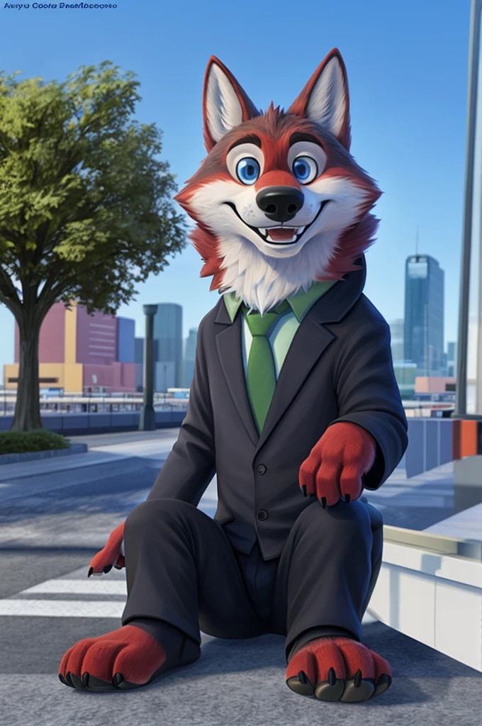 Ivan Wolfbach (сотрудник Аэропорта Domodedovo),high,Beautiful,slim,24 years,wolf, red fur,high Beautiful wolf, 24 years,(red body:1,3),beautiful blue eyes,Domodedovo, Russia, Аэропорт Domodedovo,gray shirt, tie, black trousers,Dog, wolf, detailed fur, a male, antro, paw pads, finger claws, per viewer, 5 fingers, paws, 5 fingers, day, digital photography, soft focus, Good mood на приеме,sitting in the dentist's office, Photorealism, realistic , Photorealism, digital style, from close walks around the city, Very close to the camera, digital photography, positive smile, Good, mood, green tie, dental treatment in hospital, they don&#39;t see well, pilot patch, 4 yellow stripes on sleeves, 
masterpiece, Best quality, ultra realistic, 8 k)
