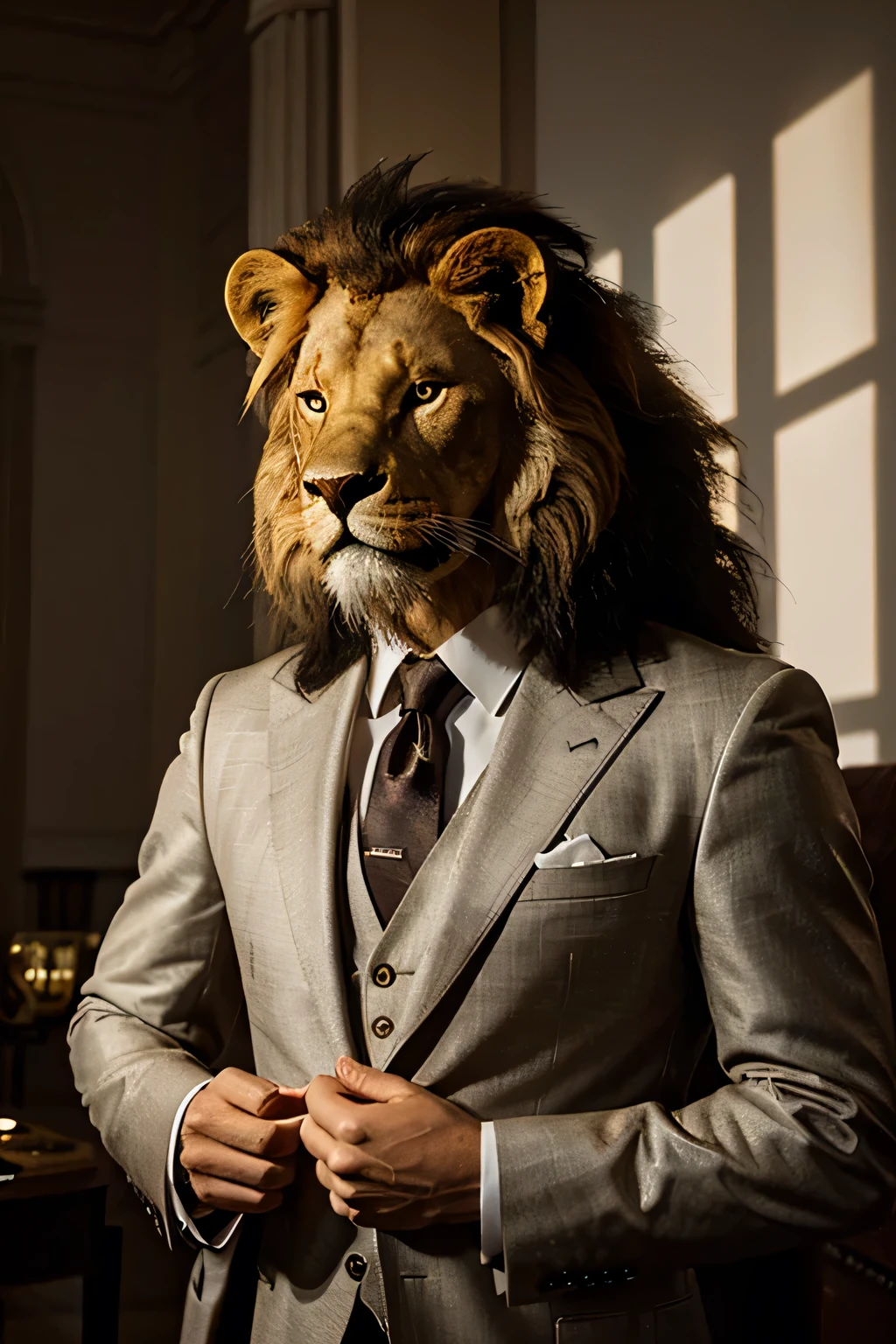 Create an image of an anthropomorphic lion with a realistic and detailed lion's head, wearing a sleek, modern business suit. The lion should appear thoughtful and dignified, with a deep gaze. The setting is indoors with dramatic lighting that casts shadows and highlights, emphasizing the texture of the lion's mane and the suit's fabric. The overall tone should convey a blend of animal wildness and refined human elegance.