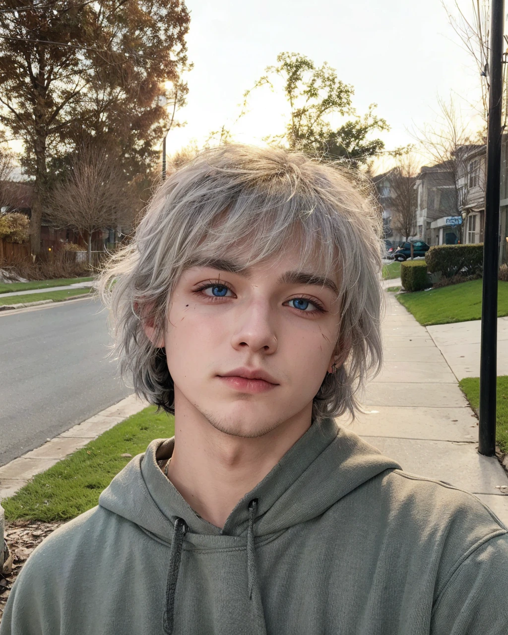 Adult boy with colorful eyes, white hair with a snow, the piercing in the middle of the nose, neck tattoos, walking in street ,