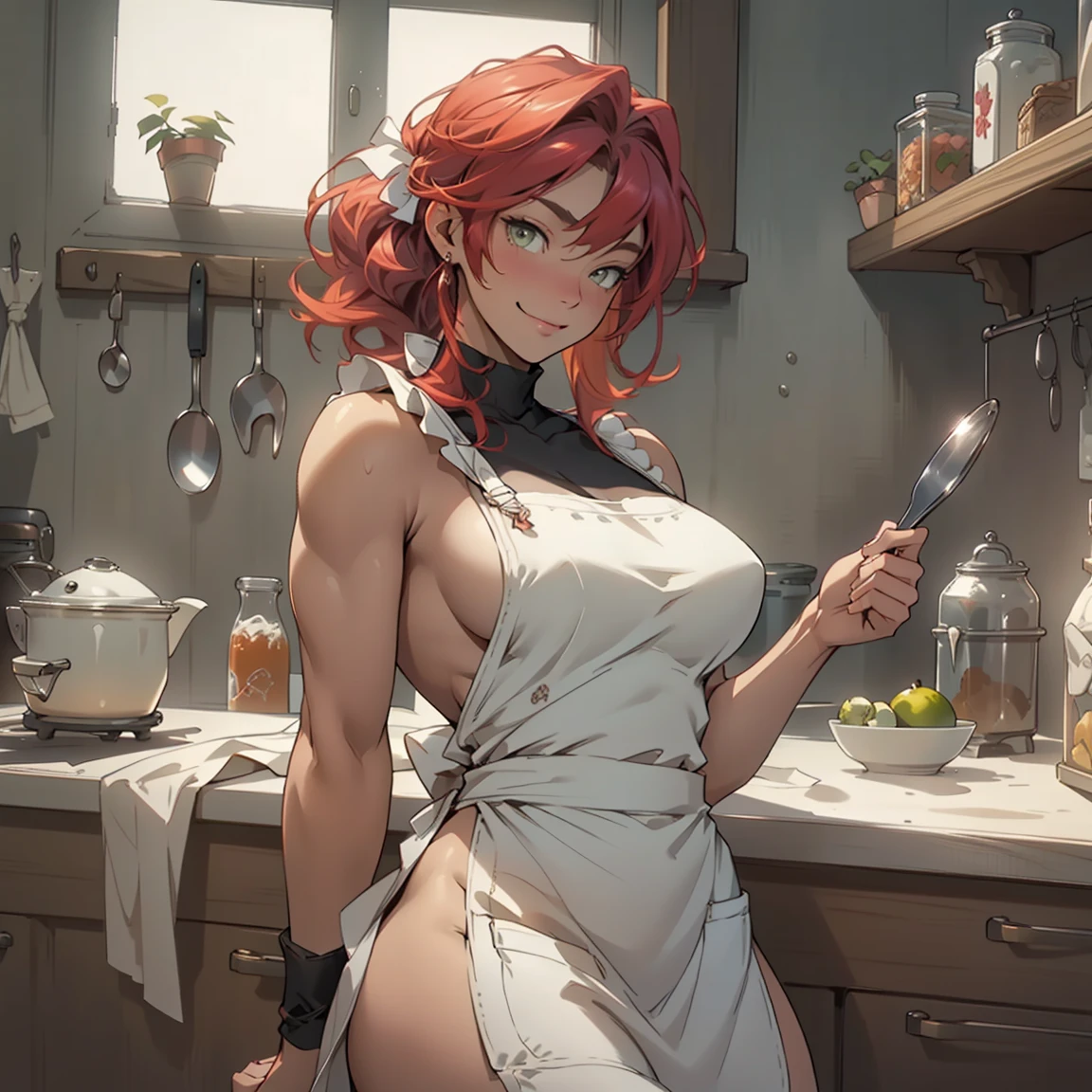 beautiful detail, highly detailed CG, detailed textures, realistic representation of faces, realistic, colorful, delicate , cinematic lights, side lights, lens flares, ray tracing, sharp focus, ((best quality, masterpiece, absurd, 8k)), (((Solo))), 1 mature maid, (((naked breasts))), ((shaved camletoe)), (Sit on the cupboard), ((((Hand takeing off apron)))), (thick body), (transparent white apron), (transparent an tight white pants), (((brown skin))), trending on artstationh, Intricate details, Highly detailed,, intricate face details, Curvy physique, (Thick body), at the kitchen, vibrant, 4K, Intricate details, big breasts enchanting, gorgeous body, Professional manufacturing, 12k resolution, (Seductive smile), red hair, Lime eyes.,a boy with his cum, sex