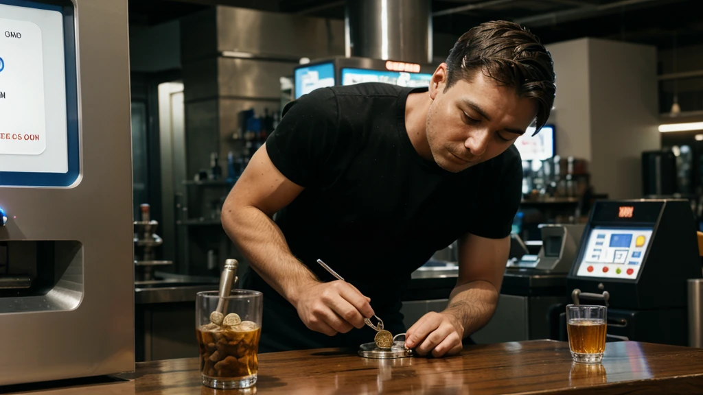 a drunk man putting a coin in a machine