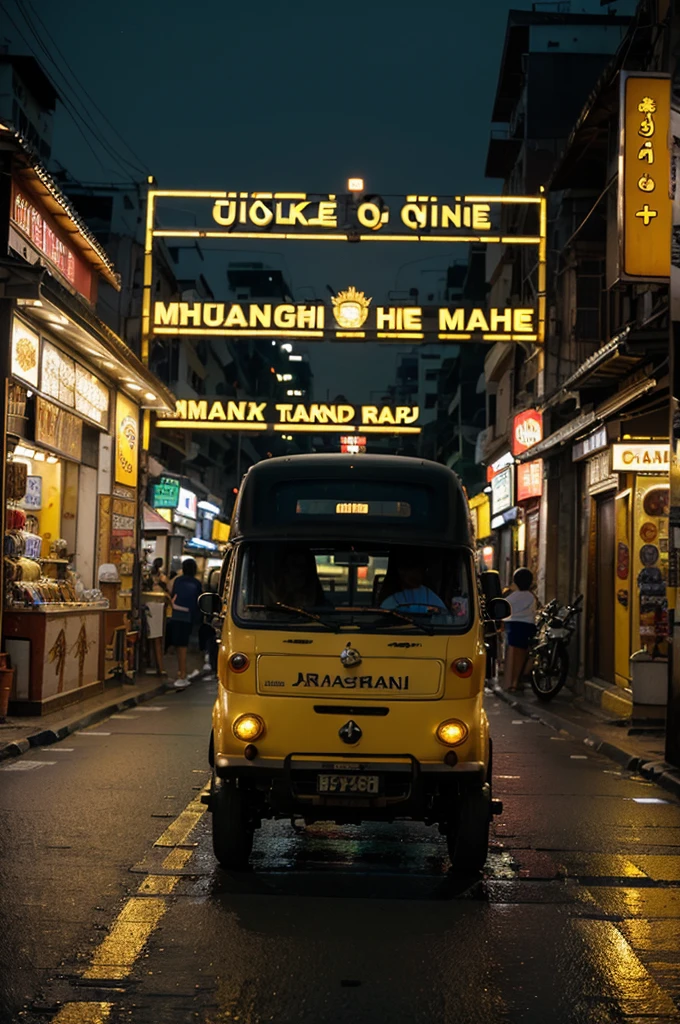 ((best quality)), ((Masterpiece)), (details),(Image size:1.1), photorealistic,Sharp picture,Yaowarat Road in Thailand,Bangkok,street shop,Gold shop sign in Yaowarat,shop sign,There is a night light.,Night atmosphere,open road,Road in Yaowarat,Tuk tuk parked on the side of the road