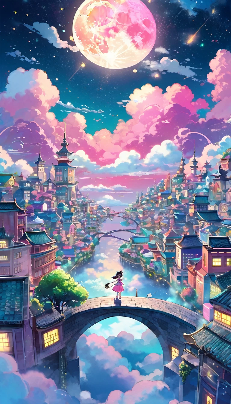 dream fantasy story, best quality, super fine, 16k, 2.5D, delicate and dynamic depiction, (chibi, cute in dress holding cane standing on high ground), city in the sky above the clouds, clouds in vivid and pastel colors, city of modern buildings, beautiful blend with nature, river, bright starry sky, pink moon, sparkly and fluffy image effect, artwork with vibrant colorful colors, detailed decorated backgrounds