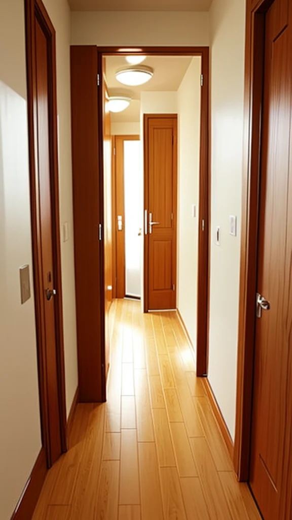 View of a slightly single open wooden door in a ambient hotel hallway and a beige wall
