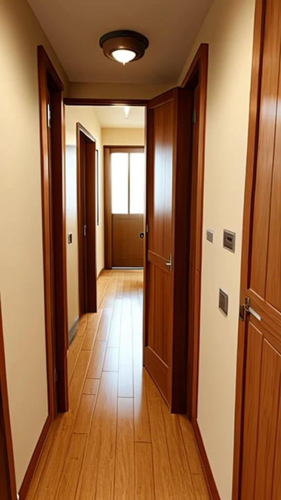 View of a slightly single open wooden door in a ambient hotel hallway and a beige wall
