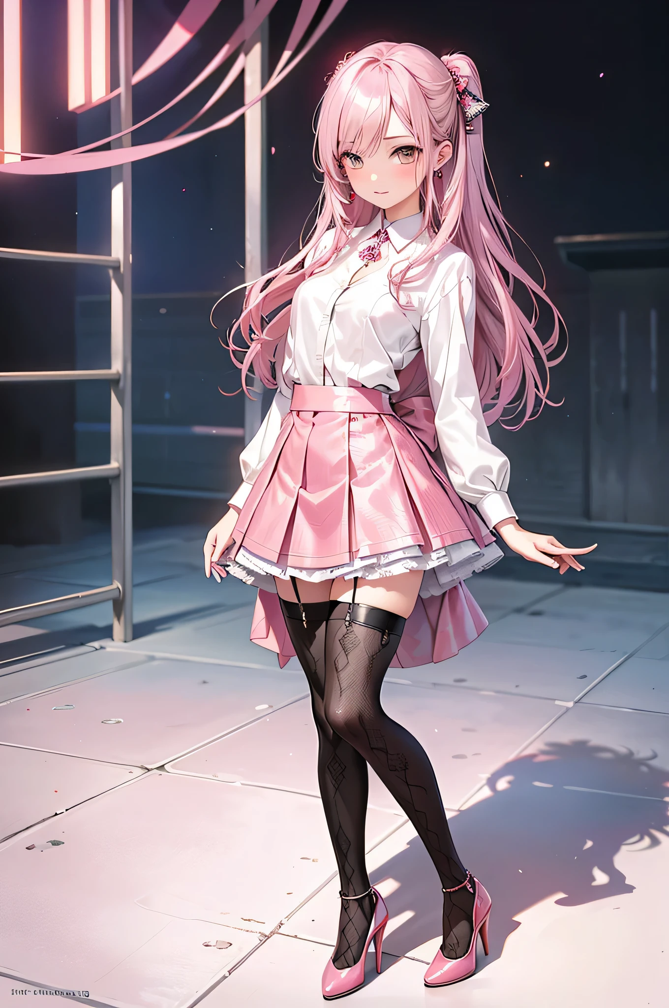 ((Biologically correct limb count)),(( From head to toe,Full-body photo including face)),4K,((Standing position)),masterpiece,((Focus on the face)),((Symmetrical facial features)),Eyes with detailed description,Beautiful woman,Great style,Beautiful arms,Beautiful legs,Beautiful Hands,(Small Ass,Thin thighs),Facial detailing,Small earrings,necklace,(Rubber Y-shirt,mini skirt((High heels,Patterned stockings))),((Meet at the station)),Silk gloves,(((Pink silver hair))),Realistic photo,25-year-old woman