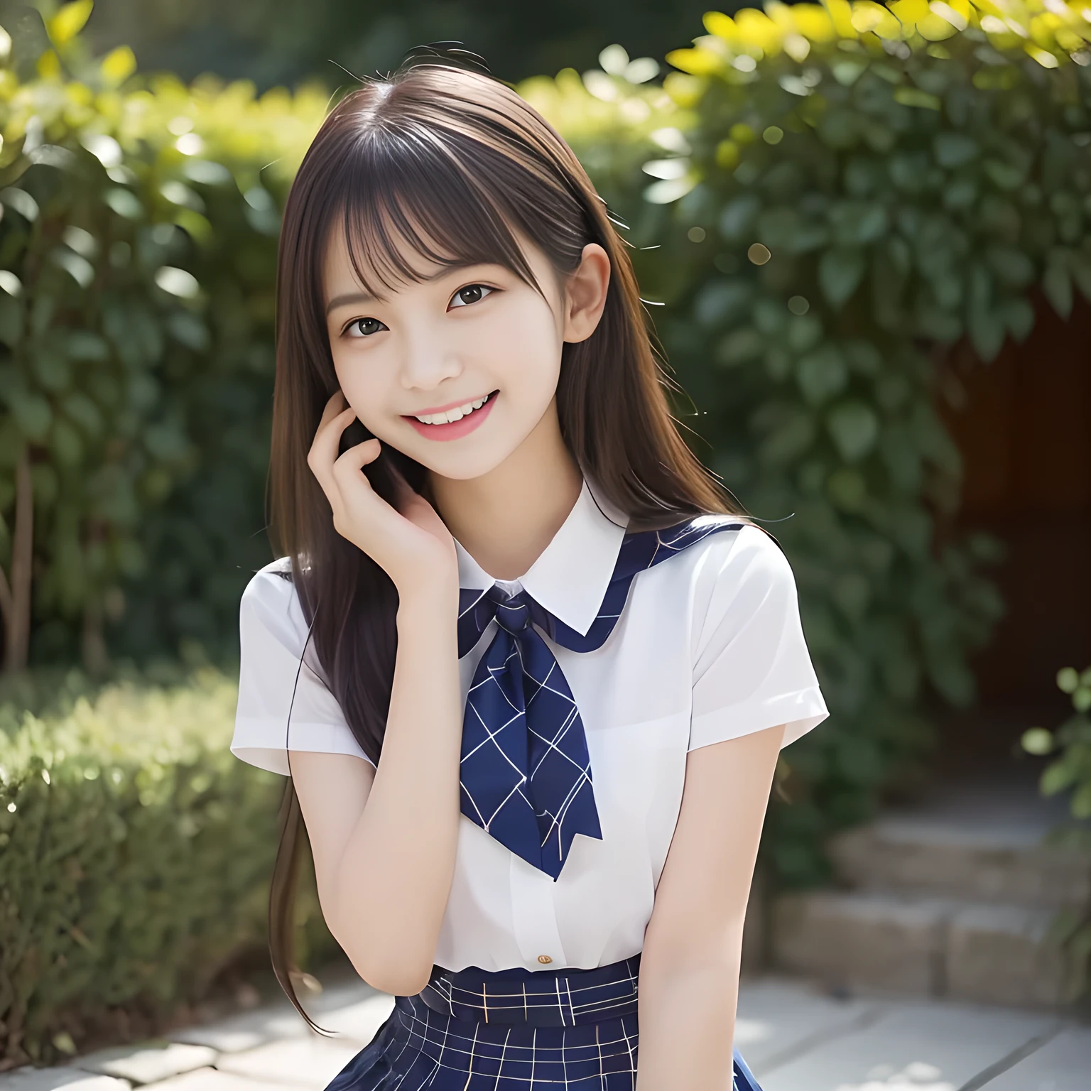 (highest quality, masterpiece:1.2), highest quality, High resolution, 1080P, 8K, Height: 150cm, solo, ((A noble and intelligent girl like Japanese cute girly lady is hypnotizing and giggling, A very sweet, very noble, pretty and neat Japanese beautiful cute girl succubus. Realistic very girly sweet cute evil girl like a princess is seated in a pile of many cute school ribbons)), Uniform Factory, ((((, popular Japanese fashion model)))), ((((White face with plump cheeks)))), Glossy lips, (Evenly cut bangs), ((Very beautifully laughing brown drooping gooey cute neat noble eyes)), ((straight black very very long straight hair)), Very lustrous, glossy lips, Open hand over open mouth, Beautiful hair like a hair model, Watching the viewer and laughing, ((Incredibly well organized, The expression is rich. plump and beautiful skin and face)), ((Pure and clear sweetly smiling eyes)), ((smiling at me)), Glossy Lips, ((noble and neat)), ((Like a succubus is fascinating with magic and giggling)), ((((A succubus is fascinating and calling to the deeper place forever)))), ((highly up-curved lips)), ((looking at the viewer directly)), white hands, ((Navy girls high school sailor uniform, Navy uniform sailor collar, Navy uniform checkered pleated skirt, Navy school shirt, Blue string ribbon tie)), Ribbons lined up on the wall, Very white, smooth, beautiful, long legs