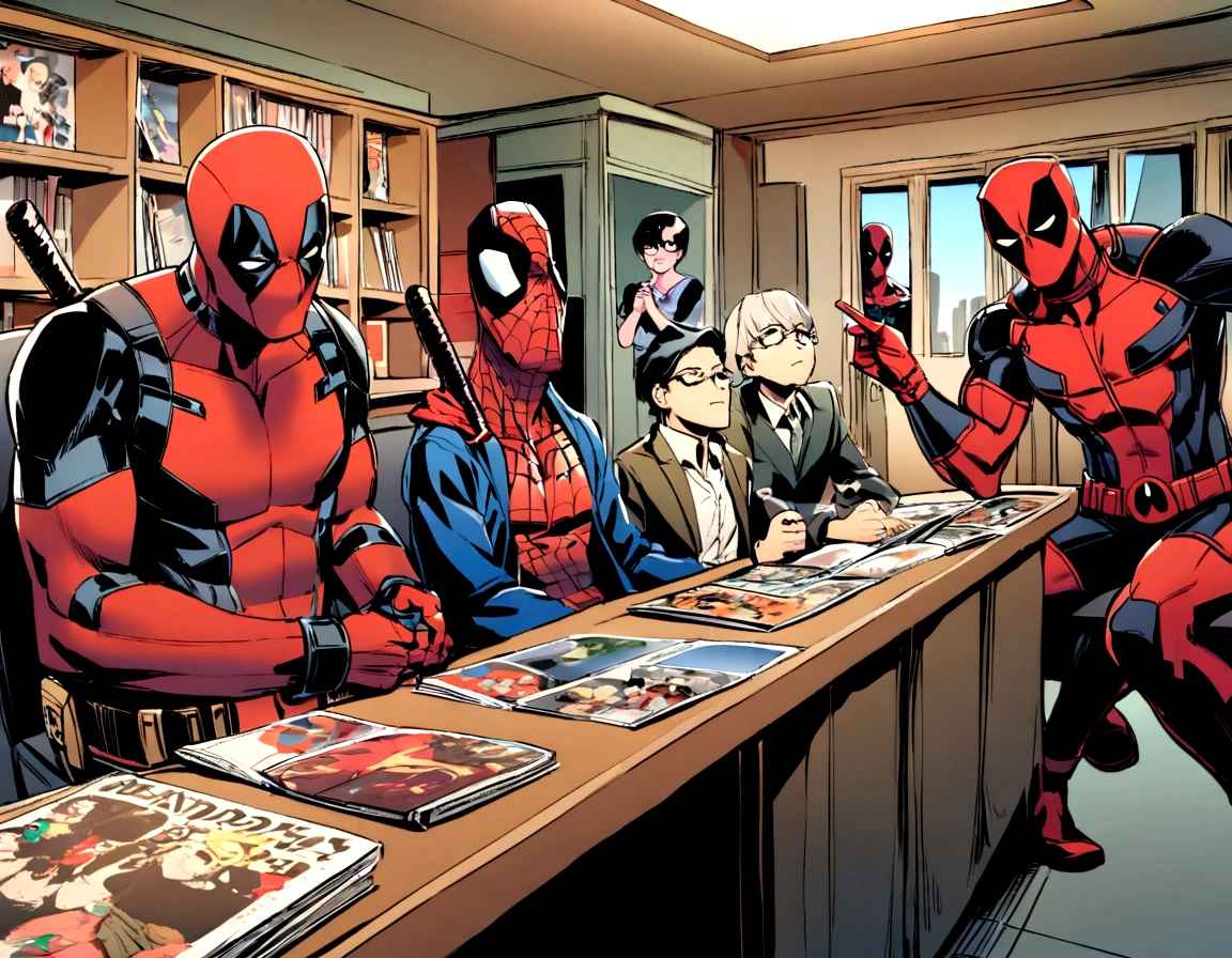 A judging panel for accepting new superheroes. The panel members are Deadpool, Spider-Man, and Flash. In the background, there are magazines and pictures featuring the three judging panel members. The camera is directed at the center of the panel, with Spider-Man sitting on the left, Deadpool in the middle, and Flash on the right.