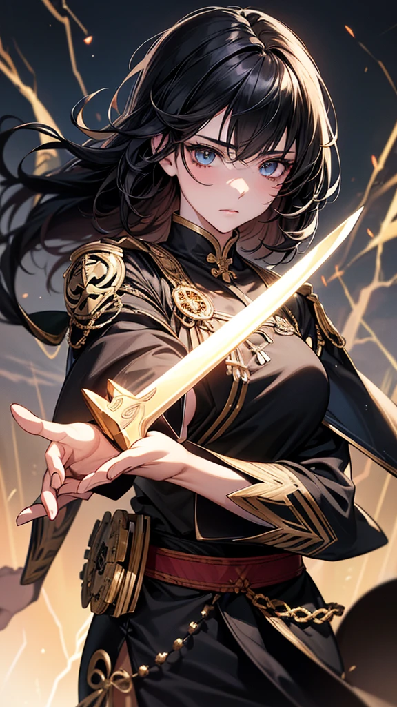 Highest quality, Ultra-high resolution, (Realistic: 1.4), Beautiful eyes, Super beautiful, Beautiful beauty, One person、Sword wielder, Japanese style black and gold tones、Controlling Lightning、whole body、(Black Hair、Medium Hair、Updo Hair),Beautiful soldier, Eyes that beckon, Droopy eyeistress's point of view, Attractive look, Fearless smile, (Perfect Anatomy, Anatomically correct, Highly detailed skin), Dancing, snow