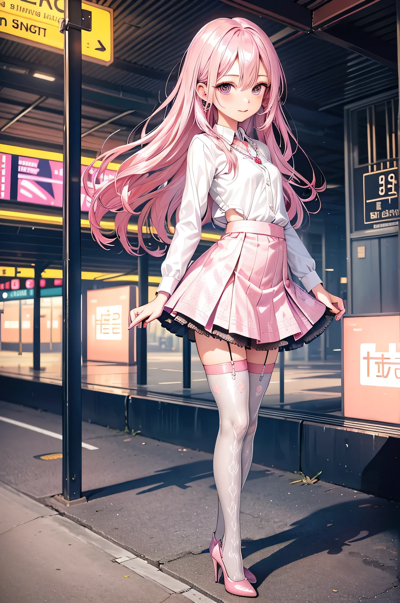 ((Biologically correct limb count)),(( From head to toe,Full-body photo including face)),4K,((Standing position)),masterpiece,((Focus on the face)),((Symmetrical facial features)),Eyes with detailed description,Beautiful woman,Great style,Beautiful arms,Beautiful legs,Beautiful Hands,(Small Ass,Thin thighs),Facial detailing,Small earrings,necklace,(Rubber Y-shirt,mini skirt((High heels,Patterned stockings))),((Meet at the station)),Silk gloves,(((Pink silver hair))),Realistic photo