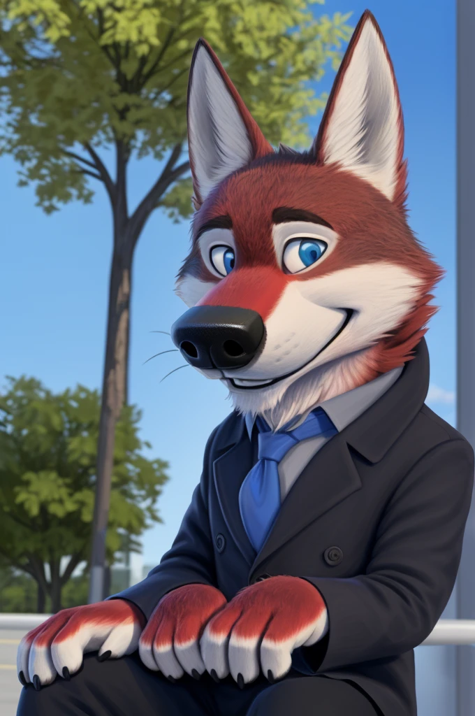 Ivan Wolfbach (сотрудник Аэропорта Domodedovo),high,Beautiful,slim,24 years,wolf, red fur,high Beautiful wolf, 24 years,(red body:1,3),beautiful blue eyes,Domodedovo, Russia, Аэропорт Domodedovo,gray shirt, tie, black trousers,Dog, wolf, detailed fur, a male, antro, paw pads, finger claws, per viewer, 5 fingers, paws, 5 fingers, day, digital photography, soft focus, Good mood на приеме,sitting in the dentist's office, Photorealism, realistic , Photorealism, digital style, from close walks around the city, Very close to the camera, digital photography, positive smile, Good, mood, green tie, dental treatment in hospital, they don't see well, pilot patch, ellow stripes on sleeves, smile,
masterpiece, Best quality, ultra realistic, 8 k)