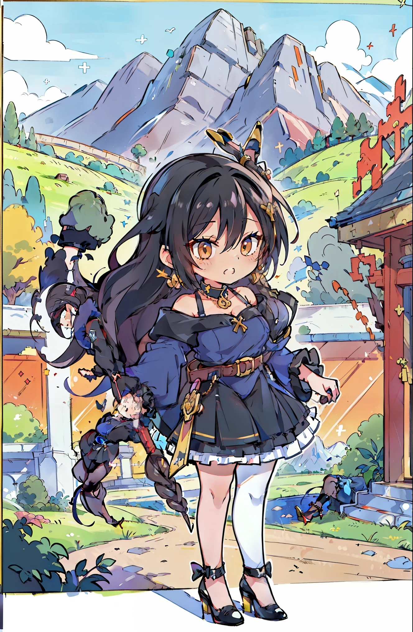(masterpiece:1.2), (high quality:1.2), (hui xiyi:0.75), rekkyo sensen, rekkyou sensen, (full body, chibi girls:1.45), solo focus, girls with((black hair, tits cleavage, exposed breasts, breasts close up, dress, (blue clothes:1.3), ribbon belt, off-shoulder sleeves, long sleeves, furry jacket, frills shirt, frills camisole, straps, (rosary choker, golden rosary, cross:1.05), (high heels, black shoes, exposed legs, left legwear, white legwear:1.67), (long wavy hair, one side up:1.4))), background with ((architecture, blue sky, building, bush, castle, village, no humans, cloud, cloudy sky, day, fence, field, garden, grass, hill, house, lamppost, landscape, mountain, mountainous horizon, nature, no humans, outdoors, scenery, shrine, sky, tower)), cowboy shot, anime, anime style