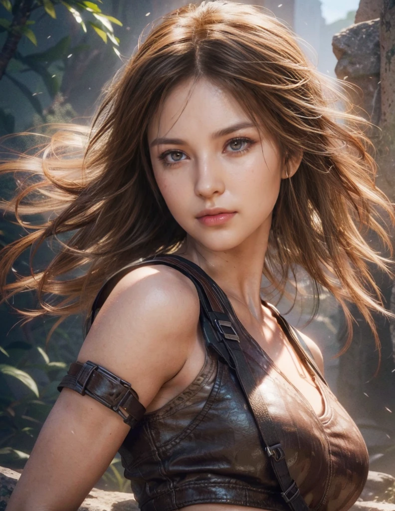 Lara Croft, brown eyes, (best quality, ultra-detailed), (realistic:1.37), beautiful and detailed face, ultra-realistic texture, delicate face, delicate body, red lipstick, bright colors. high definition, 8K, 