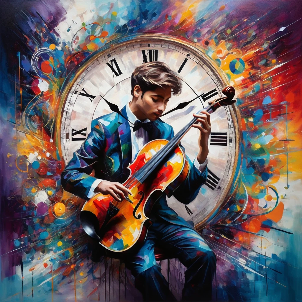 Um vibrante, Fauvist-style painting of a musician lost in the moment, with swirling colors and abstract clock faces blending with the musical notes emanating from your instrument. The artwork represents the power of art to transcend time.