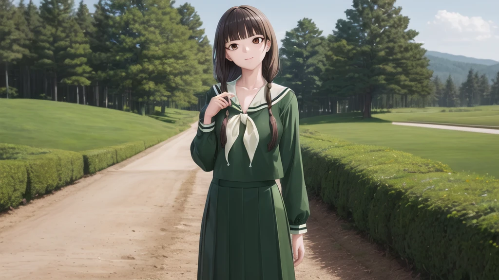 masterpiece, Highest quality, High resolution, aayoshino, , Long Hair, Twin Blade, Brown eyes, Hair that falls over the shoulders, , Sailor collar, neckerchief, Green Shirt, One piece sailor shirt, Long sleeve, Green Skirt, Long skirt, Are standing, Cowboy Shot, Outdoor, Person on the right, Shining Face