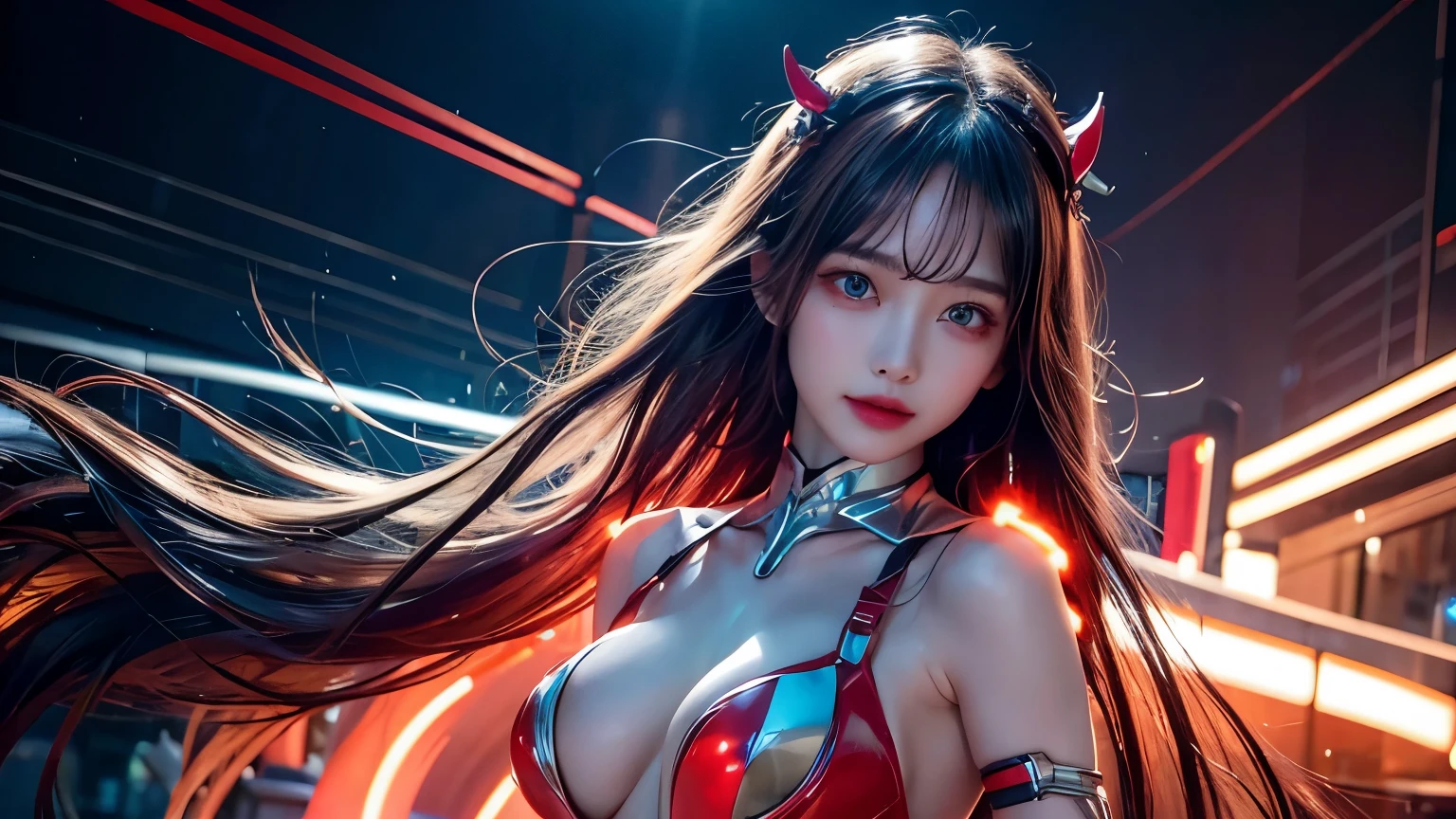 4k ultra hd, masterpiece, high details, a girl, cute face, detailed eyes, long hair, detailed lips, medium breasts, lights on dress, Cyberpunk dress, neon lights burning on dress, neon breasts, bare waist, electric current running on body, electric wire connected on body and burning lights, wire connected on head, wire connected on hand, wire on breasts, mechanical parts connected on breasts, lightning mechanical parts connected on hand and hair, many wires connected on head, body stucked by cable connected wires, electric shocking effect, mechanical lights burning on body, body burning by lights, lights burning on hair, magical light effect on body, aura effect, glowing effect, direct-x 2.0 visual effect, high graphic night lights, spreading light, light reflection, light reflection on road, everywhere spreading red lights, neon lights, whole body capture,