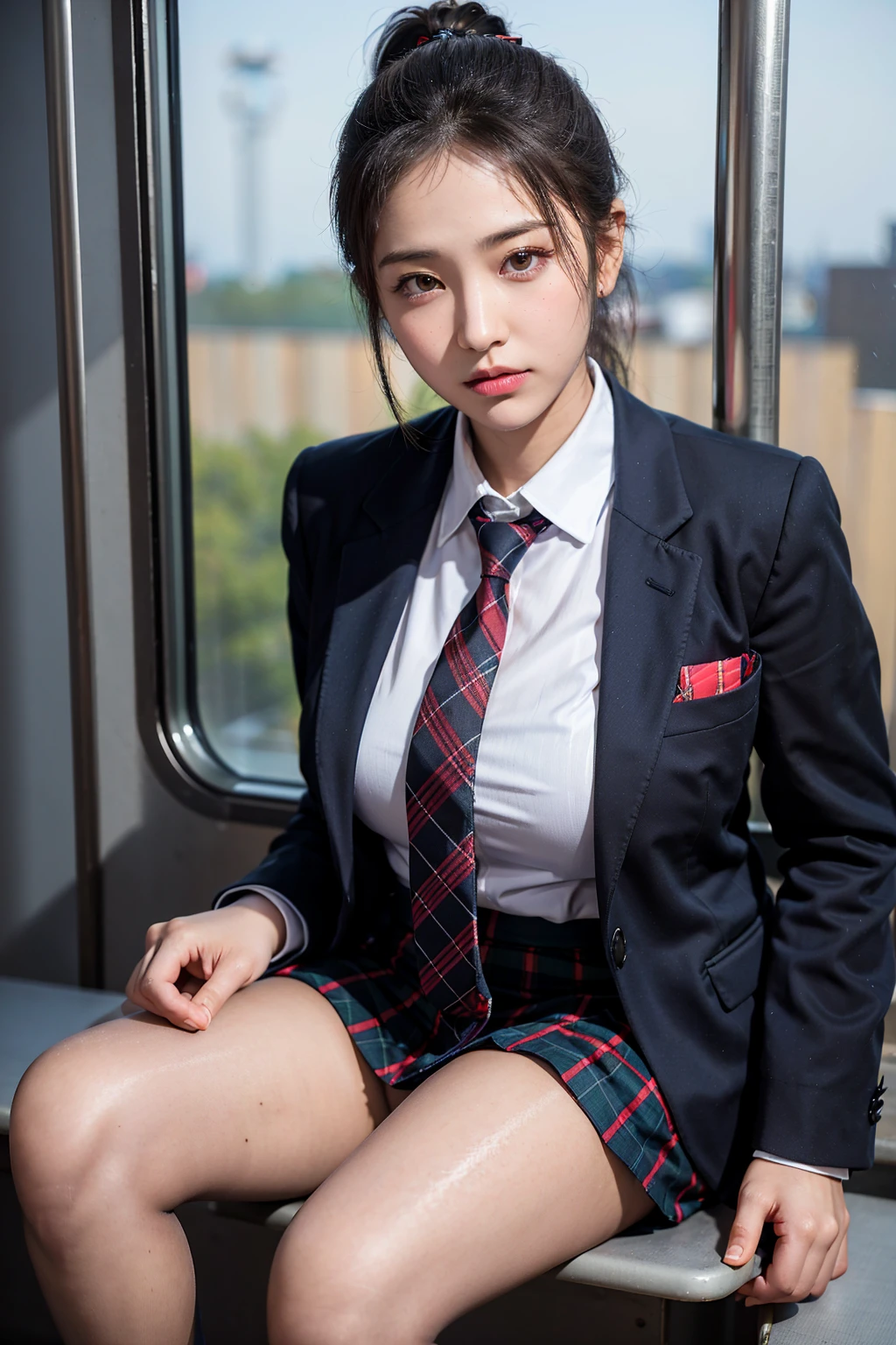 (8K), (best quality: 1.2), (realistic), (realistic: 1.37), ultra high resolution, 1 girl, cute, serious face, closed mouth, beautiful details, beautiful nose, beautiful hair, ponytail,huge two cells, pork, thighs，Self Snap,College student ,sitting on a train in tokyo,simple blazer,pleated skirt,(The pattern of the skirt and tie is a tartan check pattern....:1.3),cross one&#39;s legs, from above,(thighsにクローズアップ),(光沢のあるthighs),(opaque blue knee high socks:1.2)
