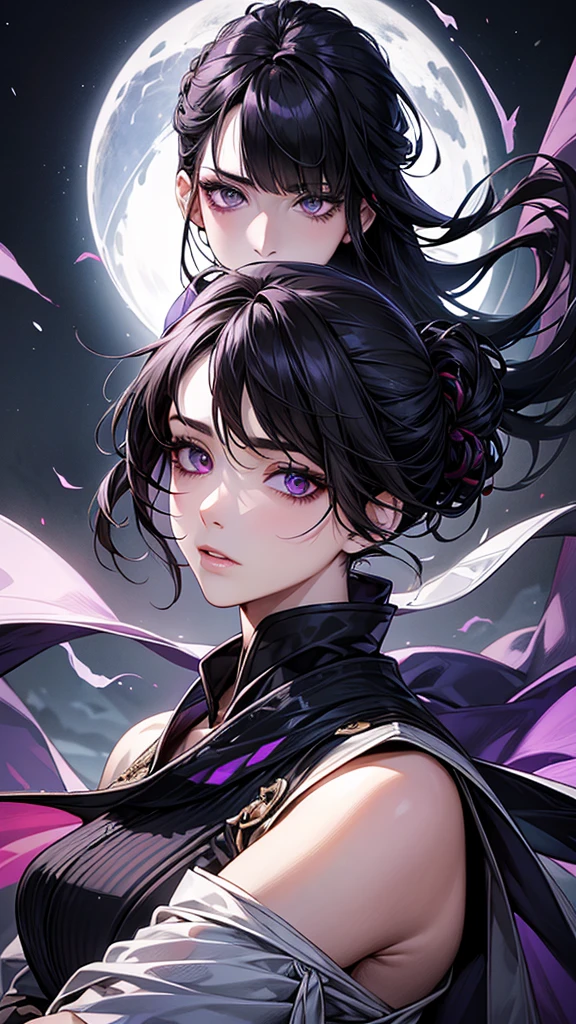 Highest quality, Ultra-high resolution, (Realistic: 1.4), Beautiful eyes, Super beautiful, Beautiful beauty, One person、Sword wielder, Japanese style purple and black tones、Controlling Ice、whole body、(Black Hair、Medium Hair、Updo Hair),Beautiful soldier, Eyes that beckon, Droopy eyeistress's point of view, Attractive look, Fearless smile, (Perfect Anatomy, Anatomically correct, Highly detailed skin), Dancing, snow