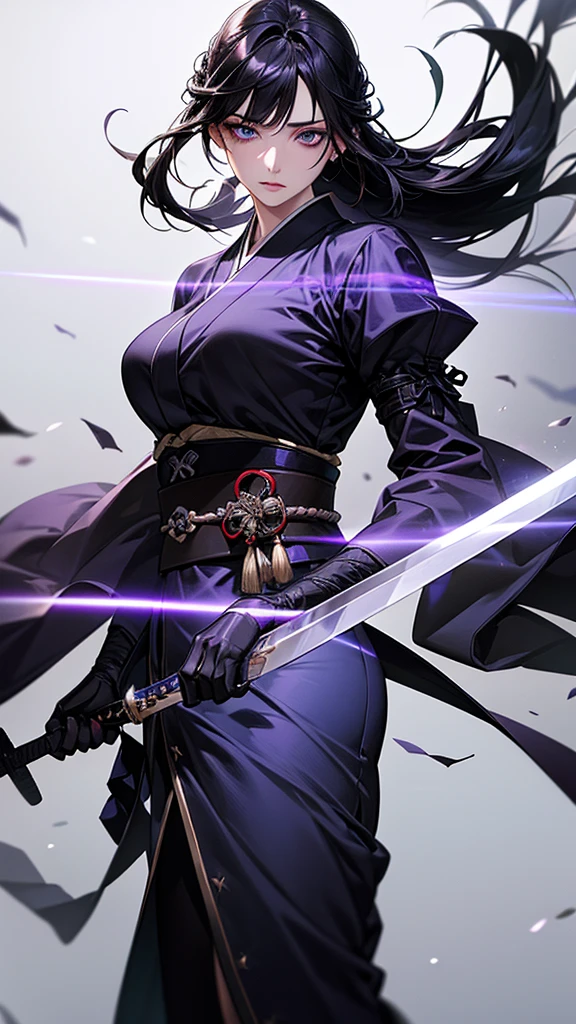 Highest quality, Ultra-high resolution, (Realistic: 1.4), Beautiful eyes, Super beautiful, Beautiful beauty, One person、Sword wielder, Japanese style purple and black tones、Controlling Ice、whole body、(Black Hair、Medium Hair、Updo Hair),Beautiful soldier, Eyes that beckon, Droopy eyeistress&#39;s point of view, Attractive look, Fearless smile,  (Perfect Anatomy, Anatomically correct, Highly detailed skin), Dancing, snow