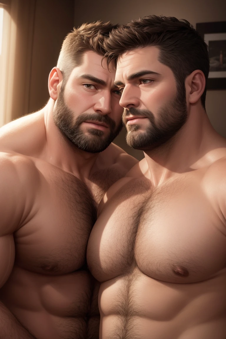 8KUHD Very Extremely Realistic Very Detailed High Quality Create a professional studio-style photograph featuring two middle-aged daddy muscle bears , burly, very hairy, very beared big daddy bear, and very realistic detailed rugged burly man and his husband in boxer briefs. Very Realistic bulge, beards, very realistic hair, very realistic beards, very realistic thick chubby neck, very realistic neck lines, very realistic detailed neck, very realistic belly, very realistic burly chest, very realistic burly strong chest and arms, very realistic detailed hairy burly chest and arms, very realistic pecs, very realistic burly body, very realistic nipples, very realistic burly body, very realistic face, very realistic detailed face, very realistic eyes, very realistic detailed eyes, very realistic pupils, very realistic detailed pupils, very realistic nose, very realistic ears, very realistic facial features, very realistic burly arms, very realistic elbows, very realistic hands, very realistic wrists, very realistic fingers, very realistic fingernails, very realistic shoulders, very realistic mouth, very realistic lips, very realistic detailed skin, very realistic skin, very realistic mens clothing, very realistic detailed mens clothing. A very realistic man and his husband are kissing and loving each other in the bedroom, very realistically detailed kissing and loving each other in the bedroom, in a very realistic romantic and virile bedroom scene. Very Realistic Intricately Detailed, Utilize all appropriate realistic lighting techniques for studio photography" very realistic detailed bedroom surroundings, very realistic surroundings lighting, No Deformities, Very Ultra Realistic and Detailed Photograph, Clear HDR Quality, (best quality, highres, realistic:1.37), Super detailed skin, Photorealistic, Ultra-detailed