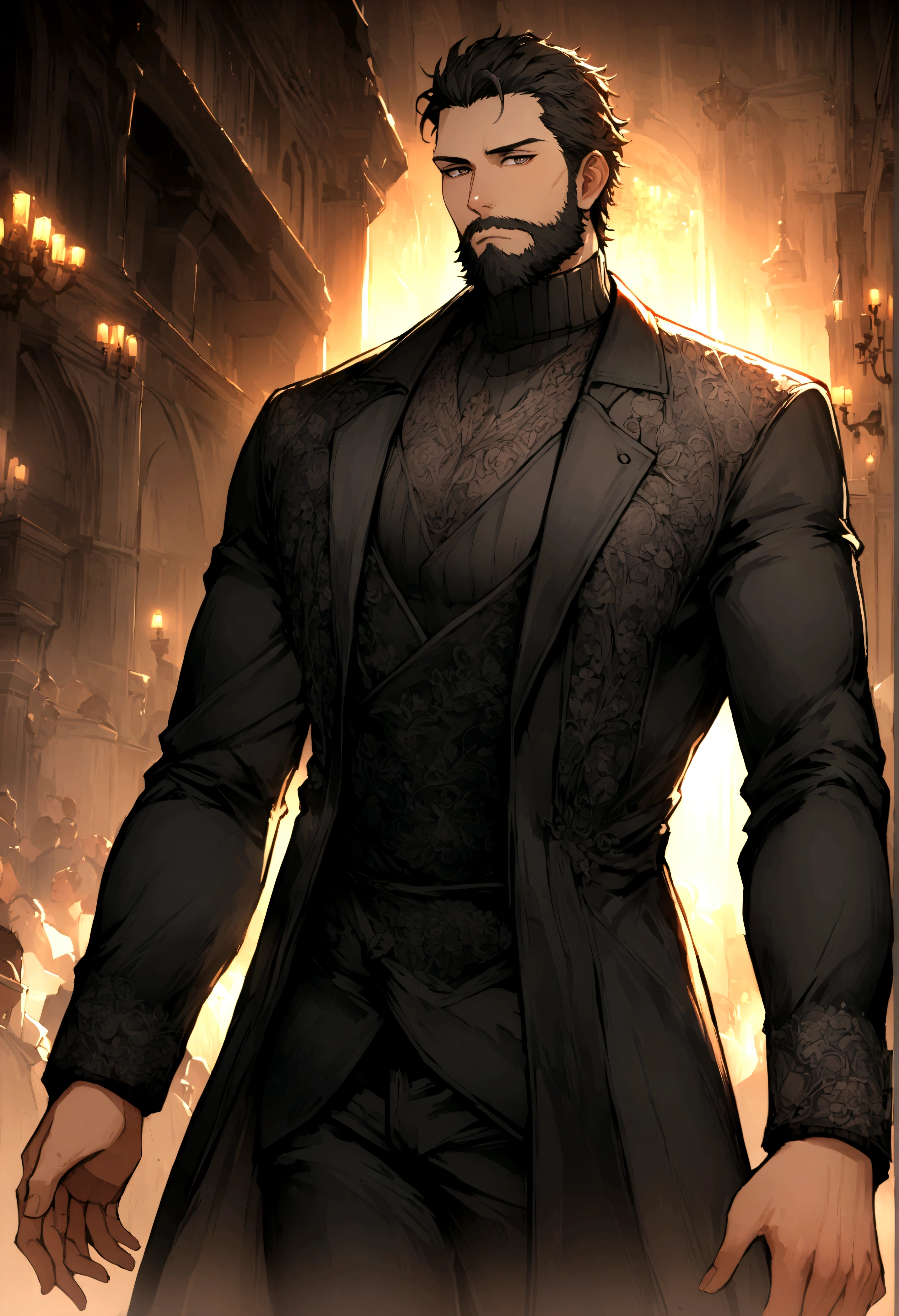 1 boy, Cowboy shots by re8dfield, beard, beard, Black coat, turtleneck sweater, Volumetric Lighting, best quality, masterpiece, Intricate details, Tone Mapping, Clear focus, Ultra Detailed, Popular on ArtStation, Looking at the audience, Practical